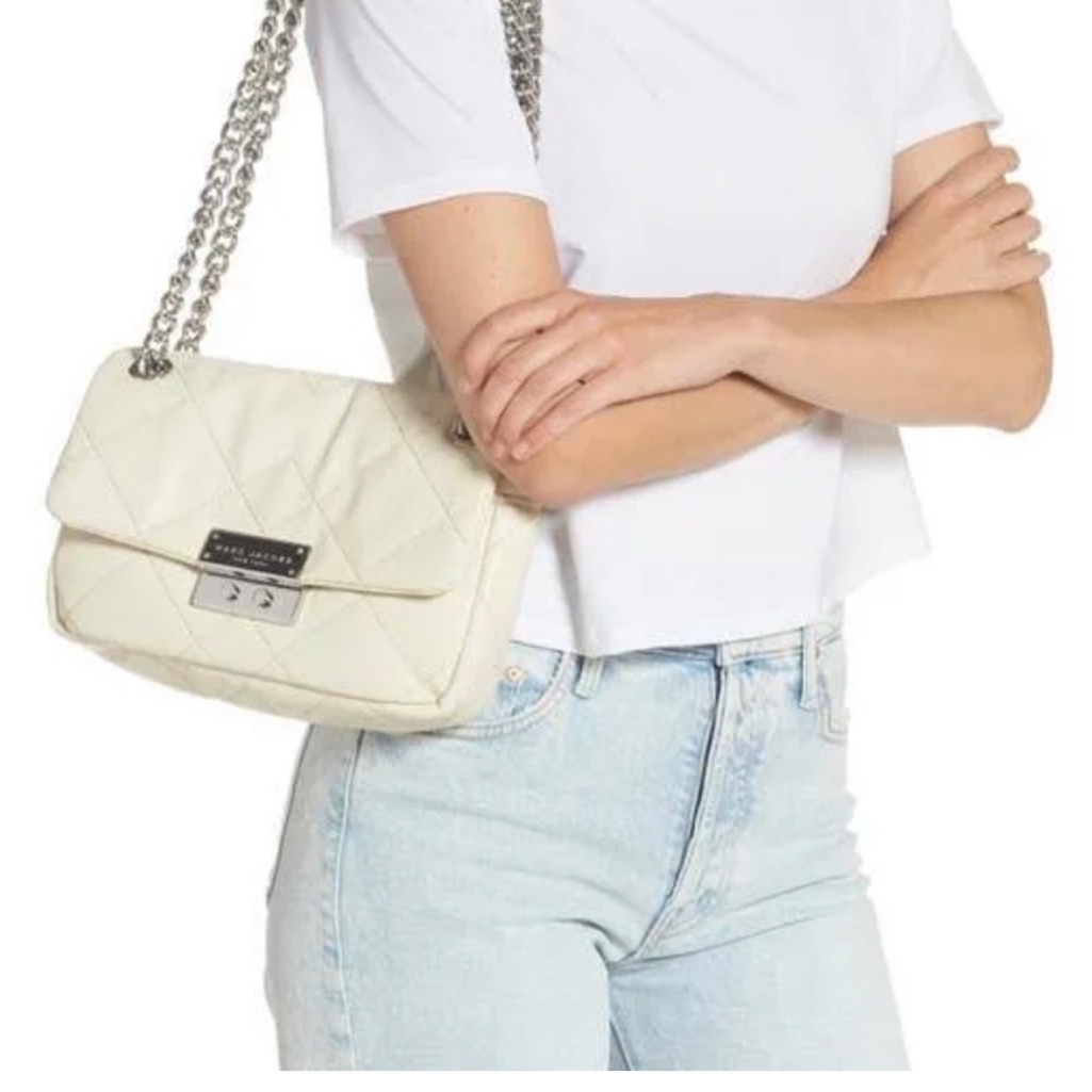 Marc Jacobs Cloud White Quilted Moto Shoulder Bag With Silver Hardware